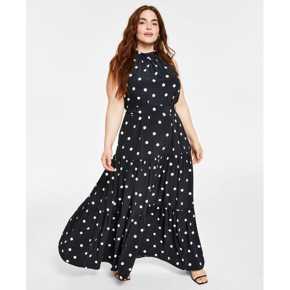 Plus Size Printed Tiered Tie Neck Maxi Dress - Picture 1 of 2
